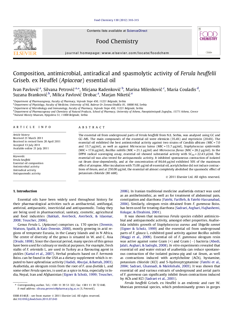 Composition, antimicrobial, antiradical and spasmolytic activity of Ferula heuffelii Griseb. ex Heuffel (Apiaceae) essential oil