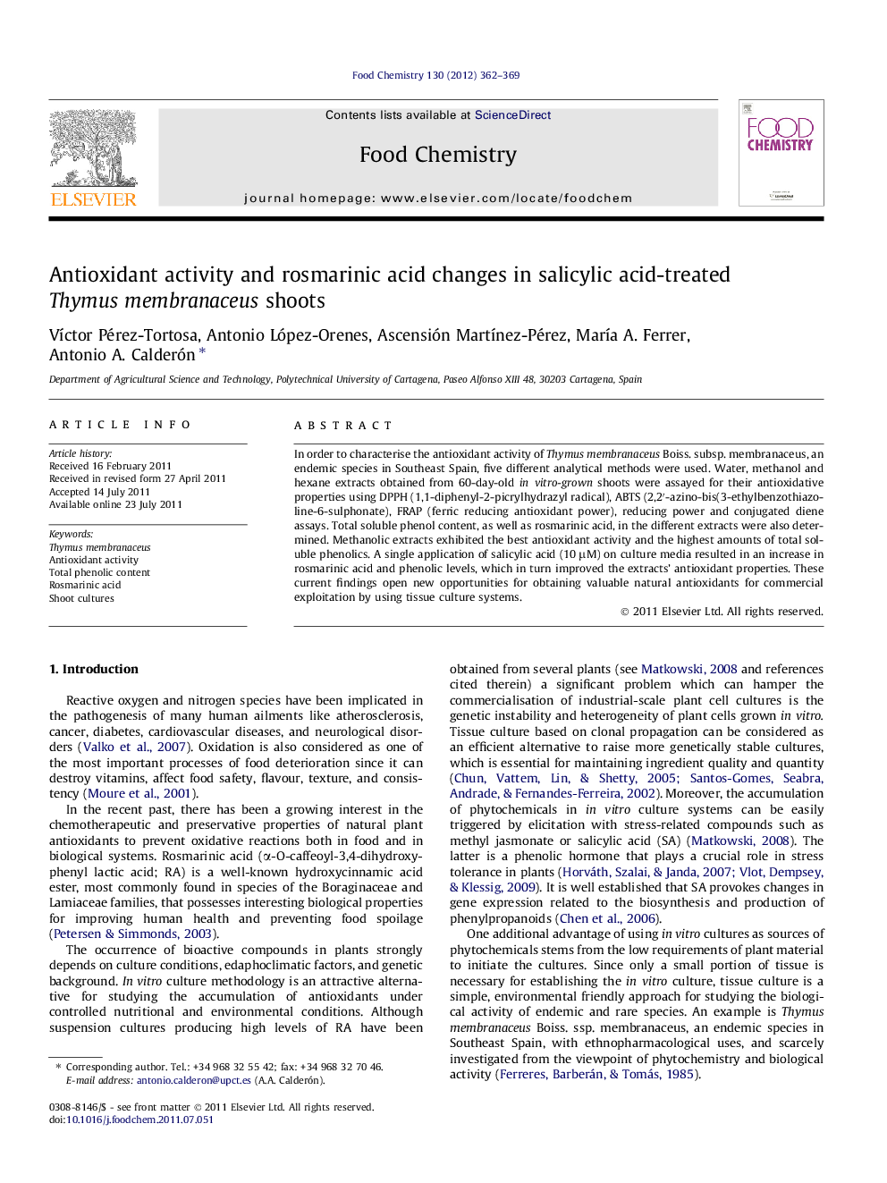 Antioxidant activity and rosmarinic acid changes in salicylic acid-treated Thymus membranaceus shoots