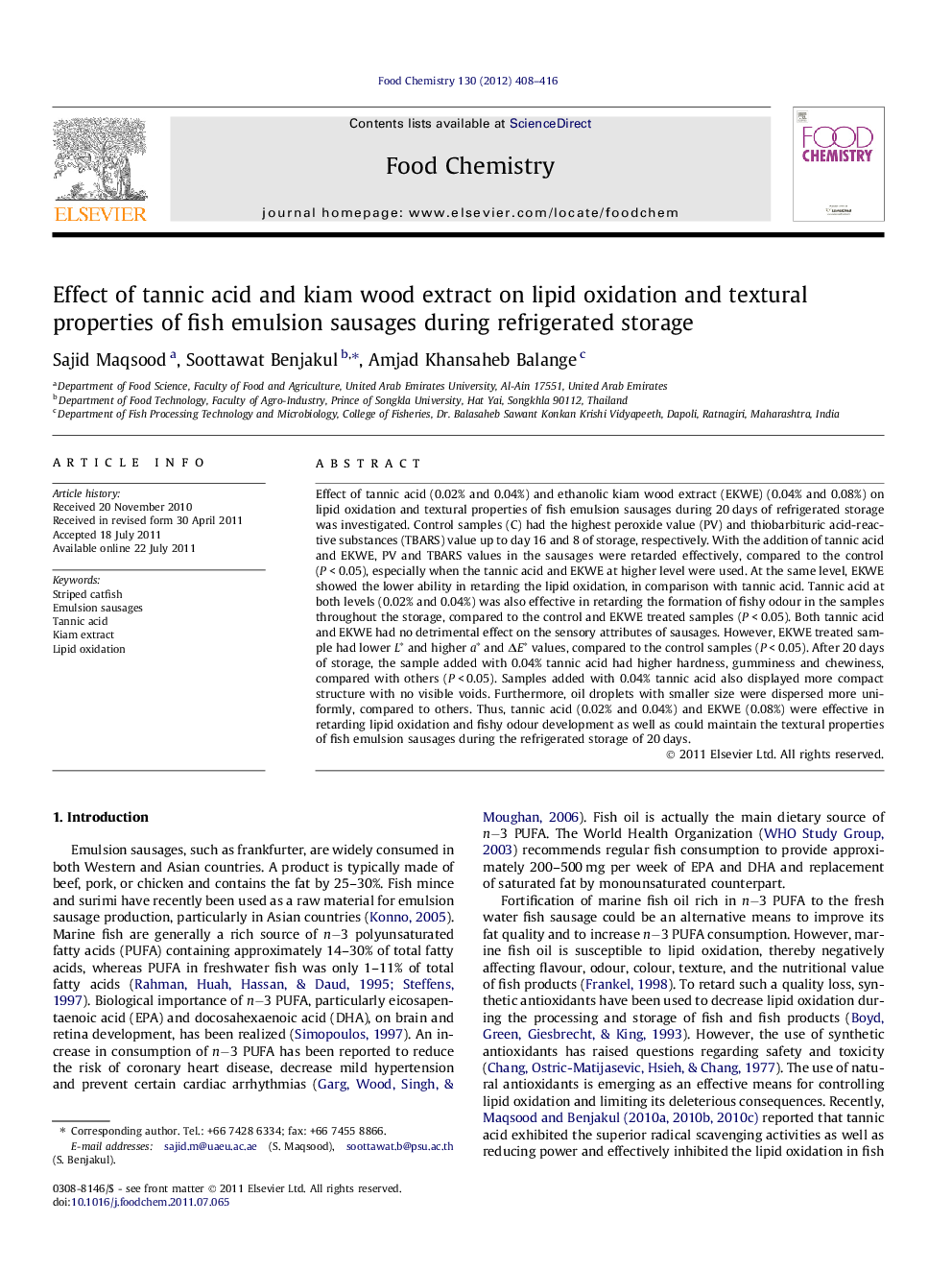 Effect of tannic acid and kiam wood extract on lipid oxidation and textural properties of fish emulsion sausages during refrigerated storage