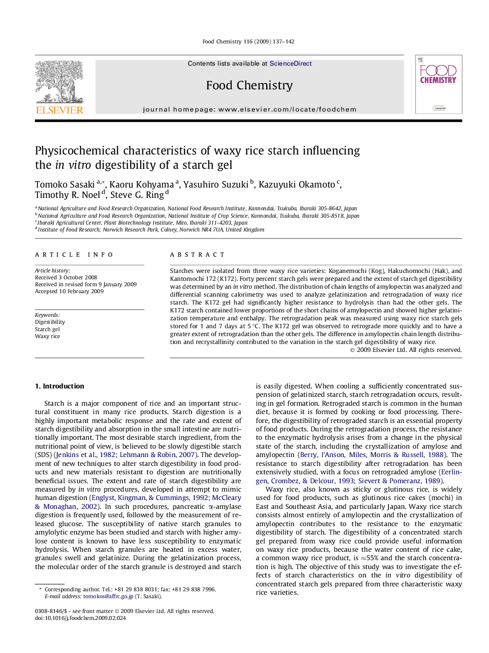 Physicochemical characteristics of waxy rice starch influencing the in vitro digestibility of a starch gel