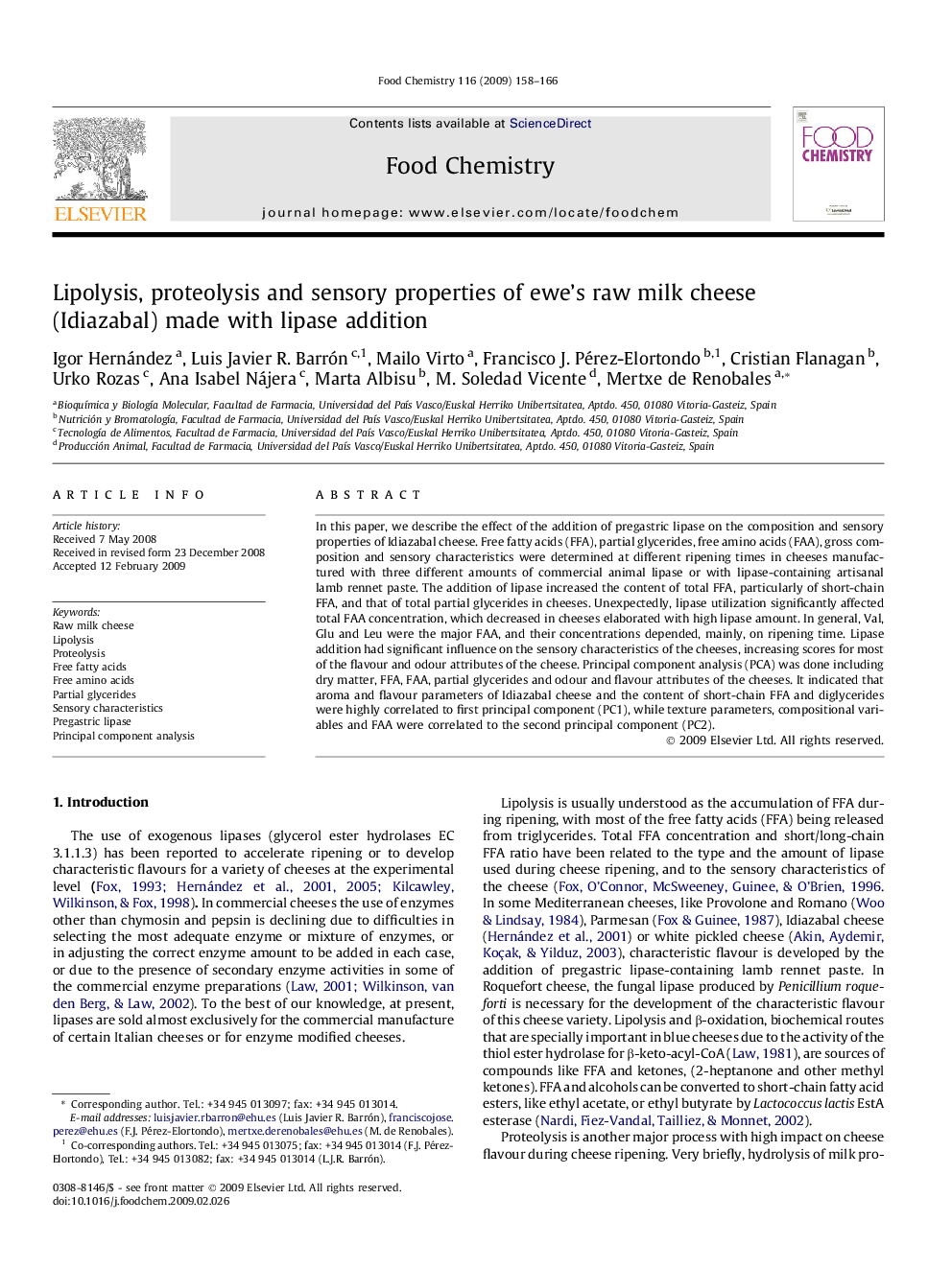 عکس صفحه اول مقاله: Lipolysis, proteolysis and sensory properties of ewe’s raw milk cheese (Idiazabal) made with lipase addition Lipolysis, proteolysis and sensory properties of ewe’s raw milk cheese (Idiazabal) made with lipase addition