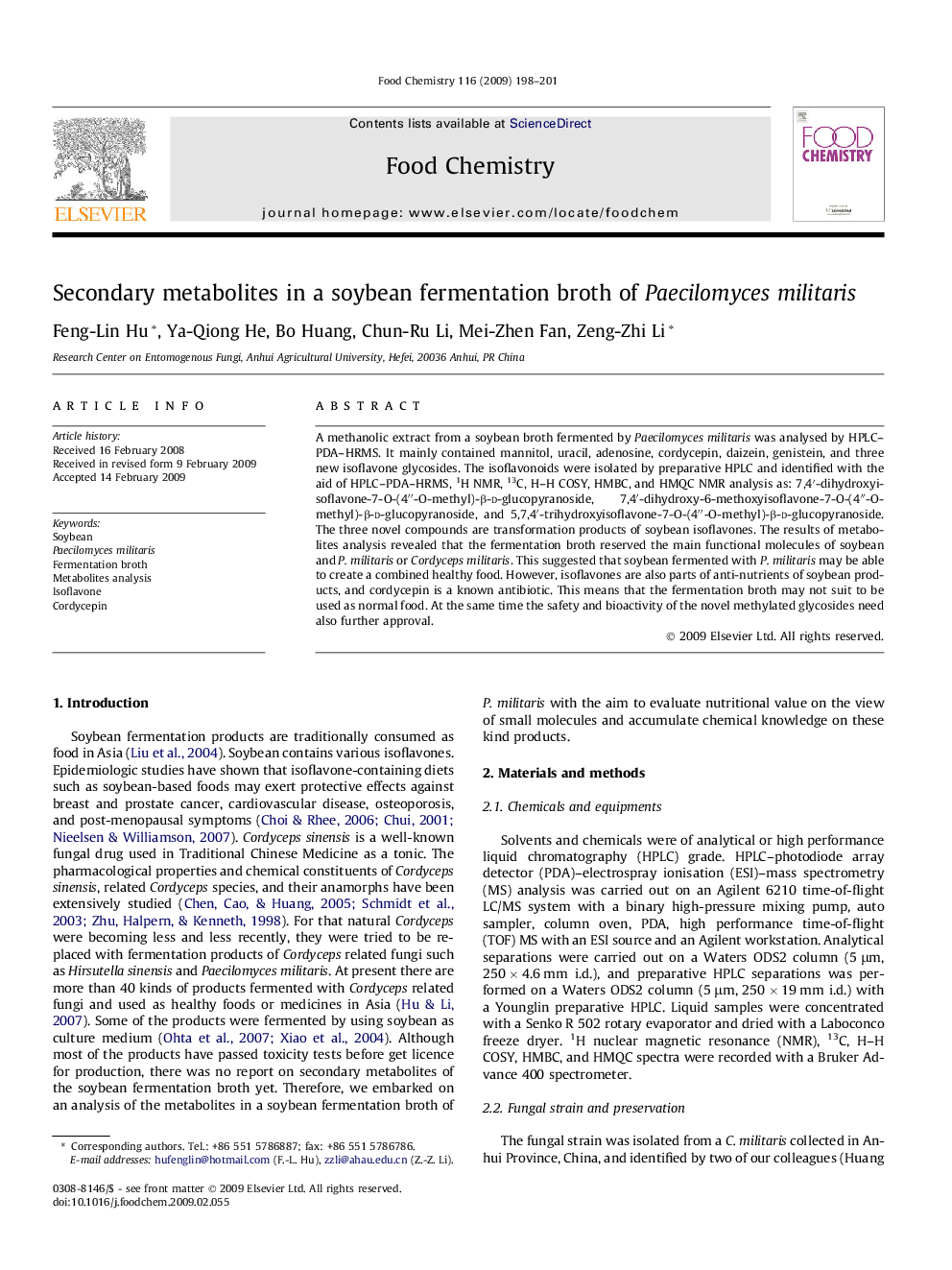 Secondary metabolites in a soybean fermentation broth of Paecilomyces militaris