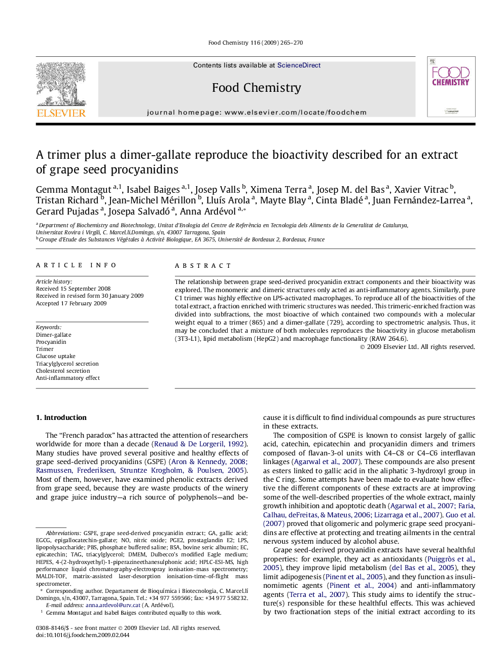 عکس صفحه اول مقاله: A trimer plus a dimer-gallate reproduce the bioactivity described for an extract of grape seed procyanidins A trimer plus a dimer-gallate reproduce the bioactivity described for an extract of grape seed procyanidins