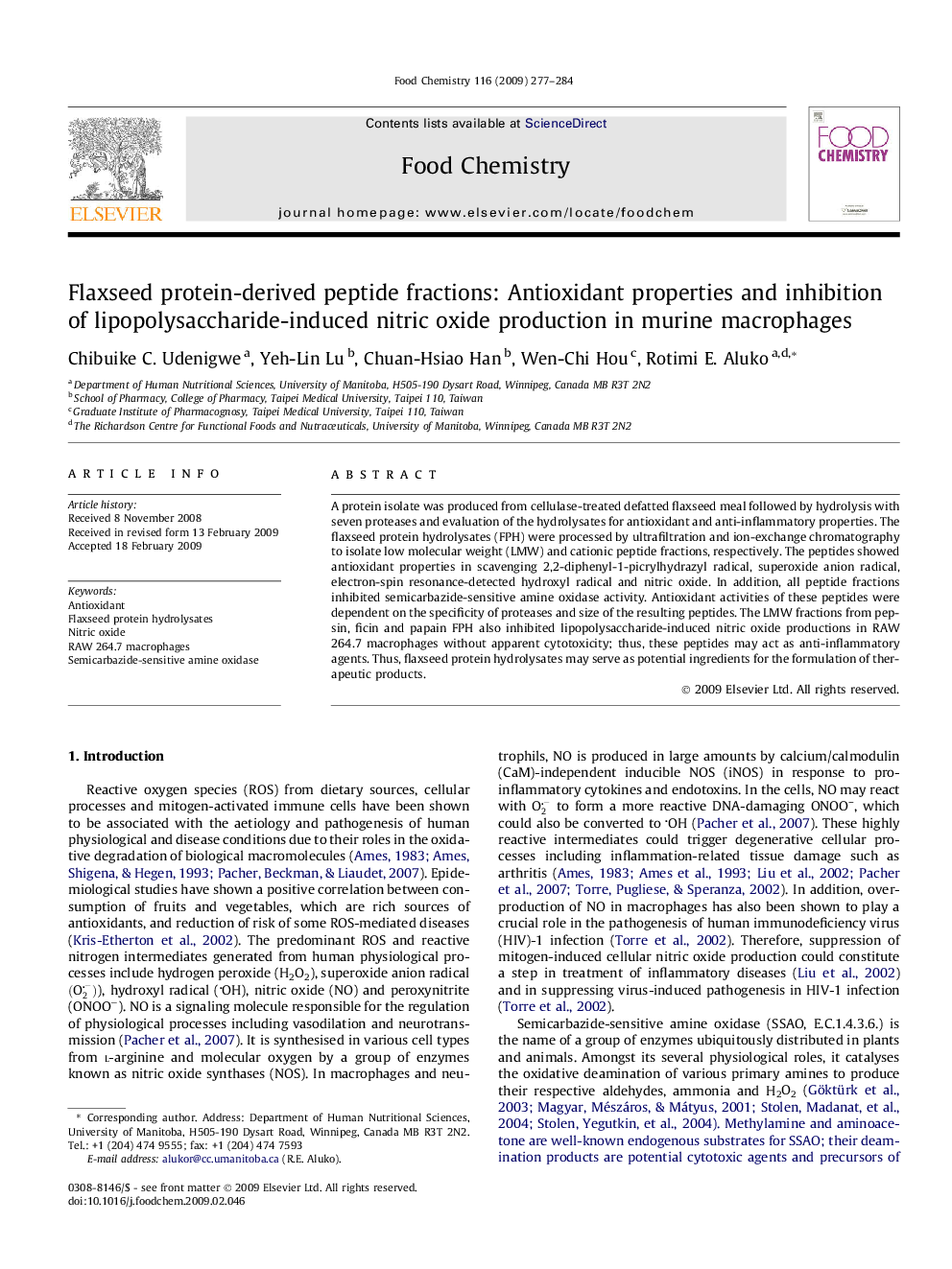 عکس صفحه اول مقاله: Flaxseed protein-derived peptide fractions: Antioxidant properties and inhibition of lipopolysaccharide-induced nitric oxide production in murine macrophages Flaxseed protein-derived peptide fractions: Antioxidant properties and inhibition of lipopolysaccharide-induced nitric oxide production in murine macrophages