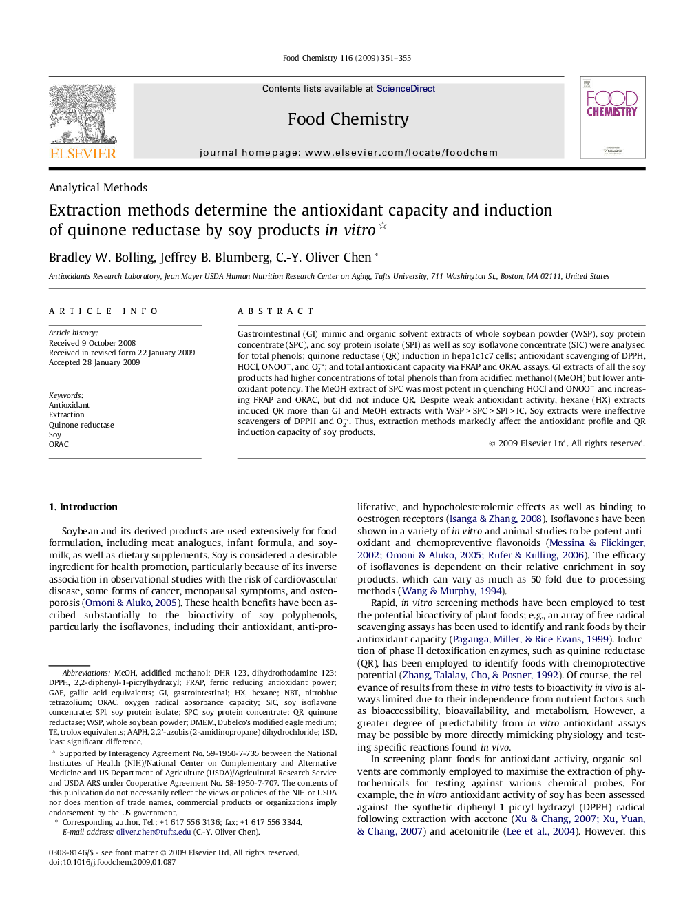 Extraction methods determine the antioxidant capacity and induction of quinone reductase by soy products in vitro