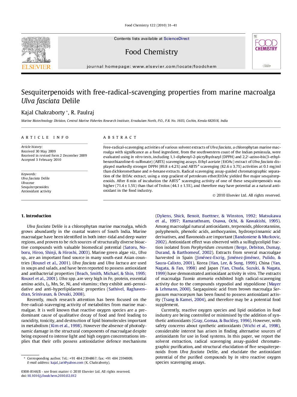 Sesquiterpenoids with free-radical-scavenging properties from marine macroalga Ulva fasciata Delile