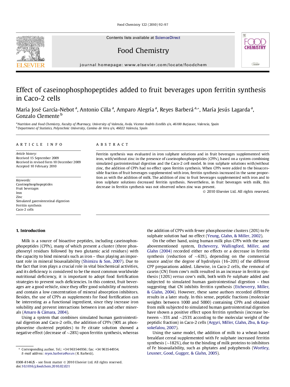 Effect of caseinophosphopeptides added to fruit beverages upon ferritin synthesis in Caco-2 cells