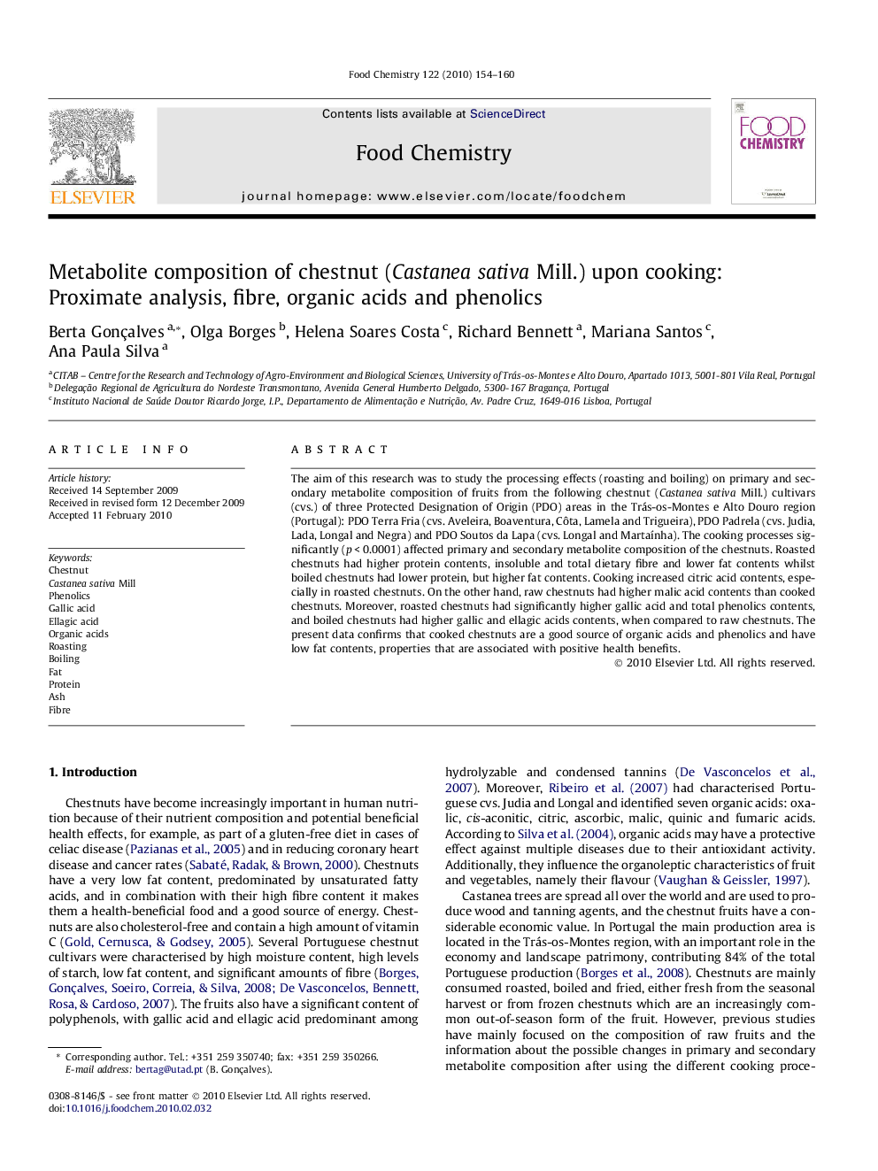 Metabolite composition of chestnut (Castanea sativa Mill.) upon cooking: Proximate analysis, fibre, organic acids and phenolics