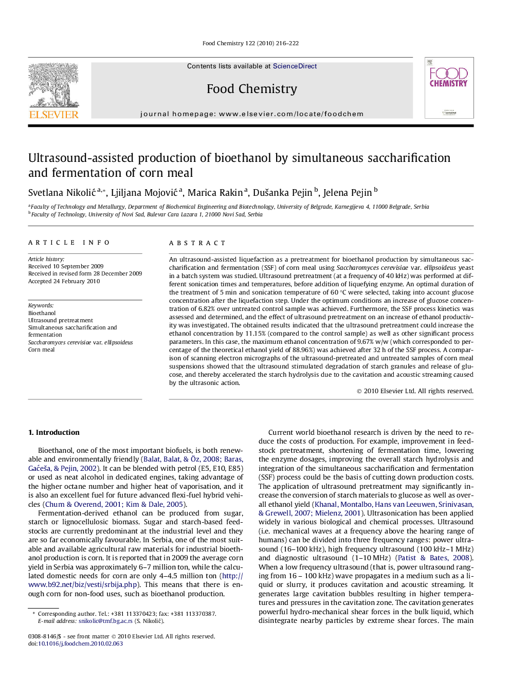 Ultrasound-assisted production of bioethanol by simultaneous saccharification and fermentation of corn meal