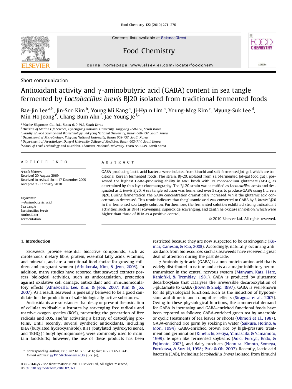 Antioxidant activity and γ-aminobutyric acid (GABA) content in sea tangle fermented by Lactobacillus brevis BJ20 isolated from traditional fermented foods