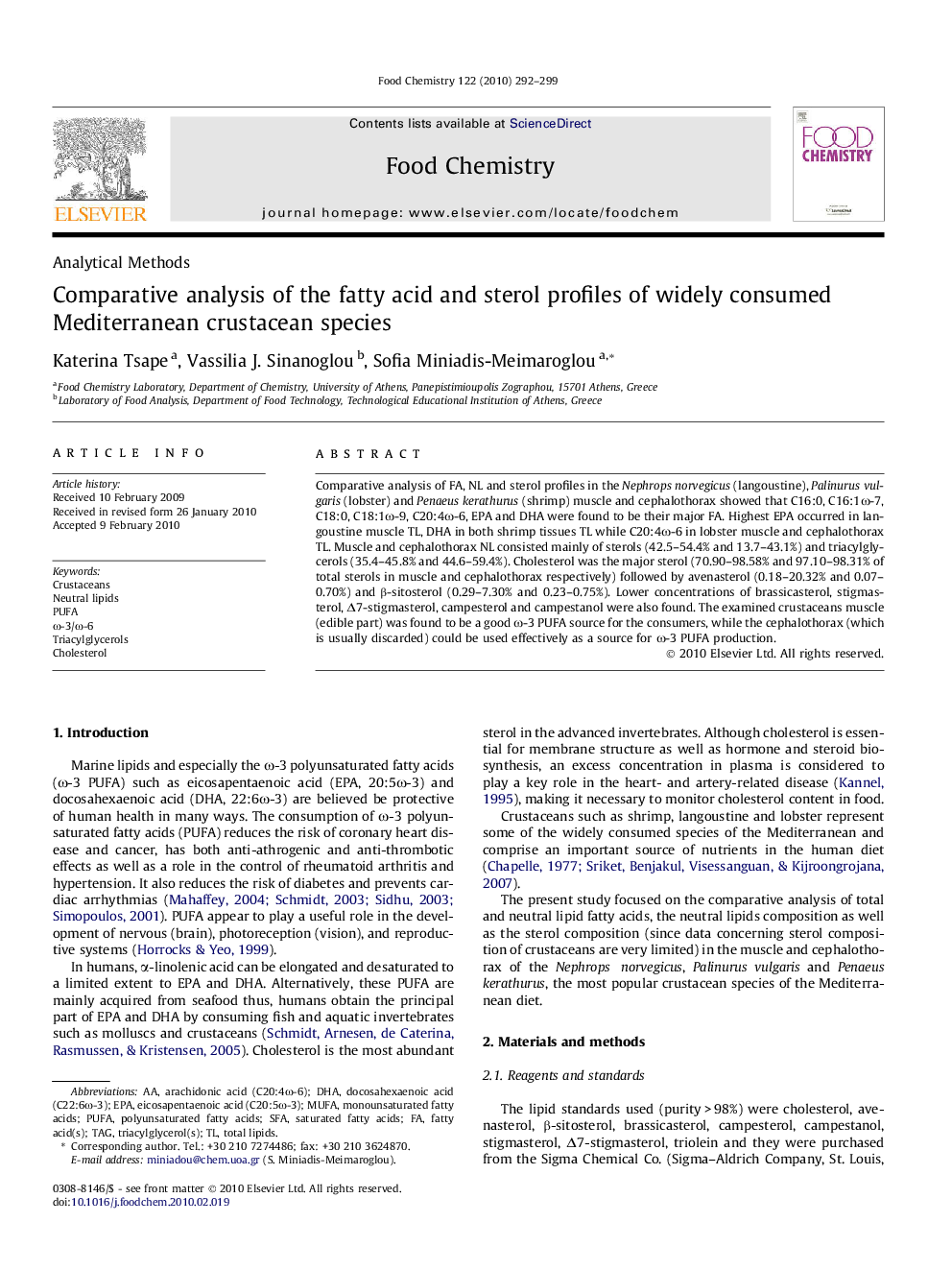 Comparative analysis of the fatty acid and sterol profiles of widely consumed Mediterranean crustacean species