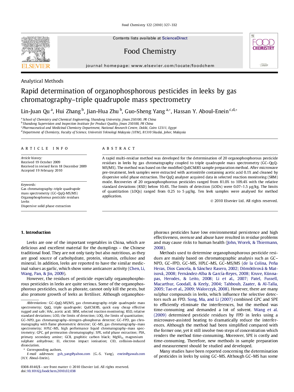 Rapid determination of organophosphorous pesticides in leeks by gas chromatography–triple quadrupole mass spectrometry