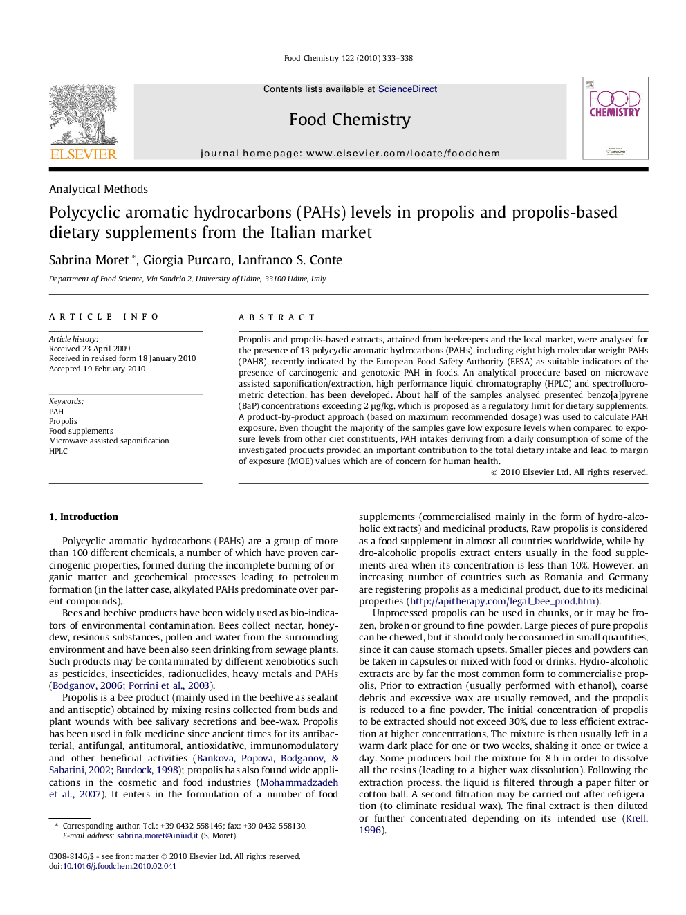 Polycyclic aromatic hydrocarbons (PAHs) levels in propolis and propolis-based dietary supplements from the Italian market