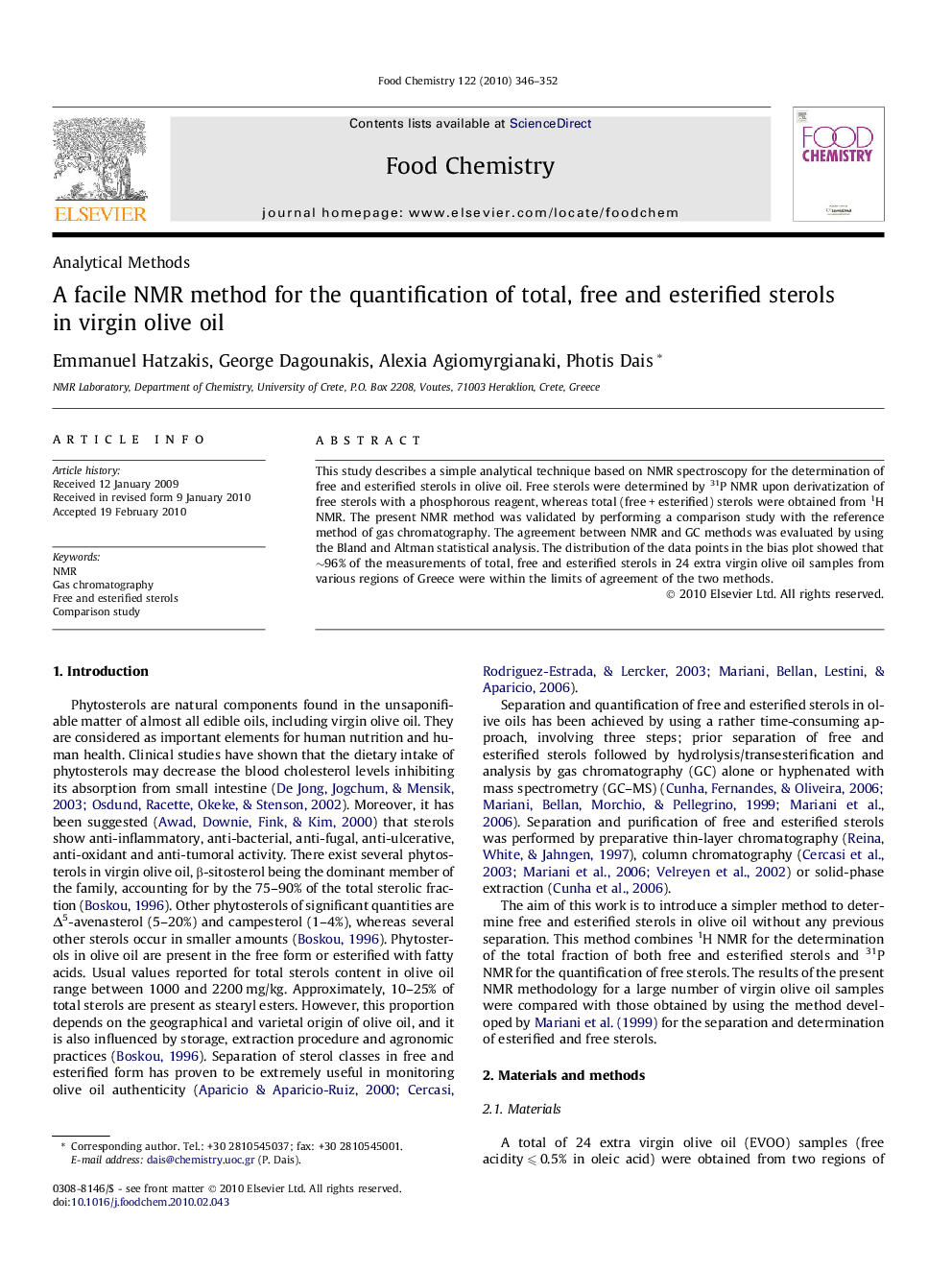 A facile NMR method for the quantification of total, free and esterified sterols in virgin olive oil