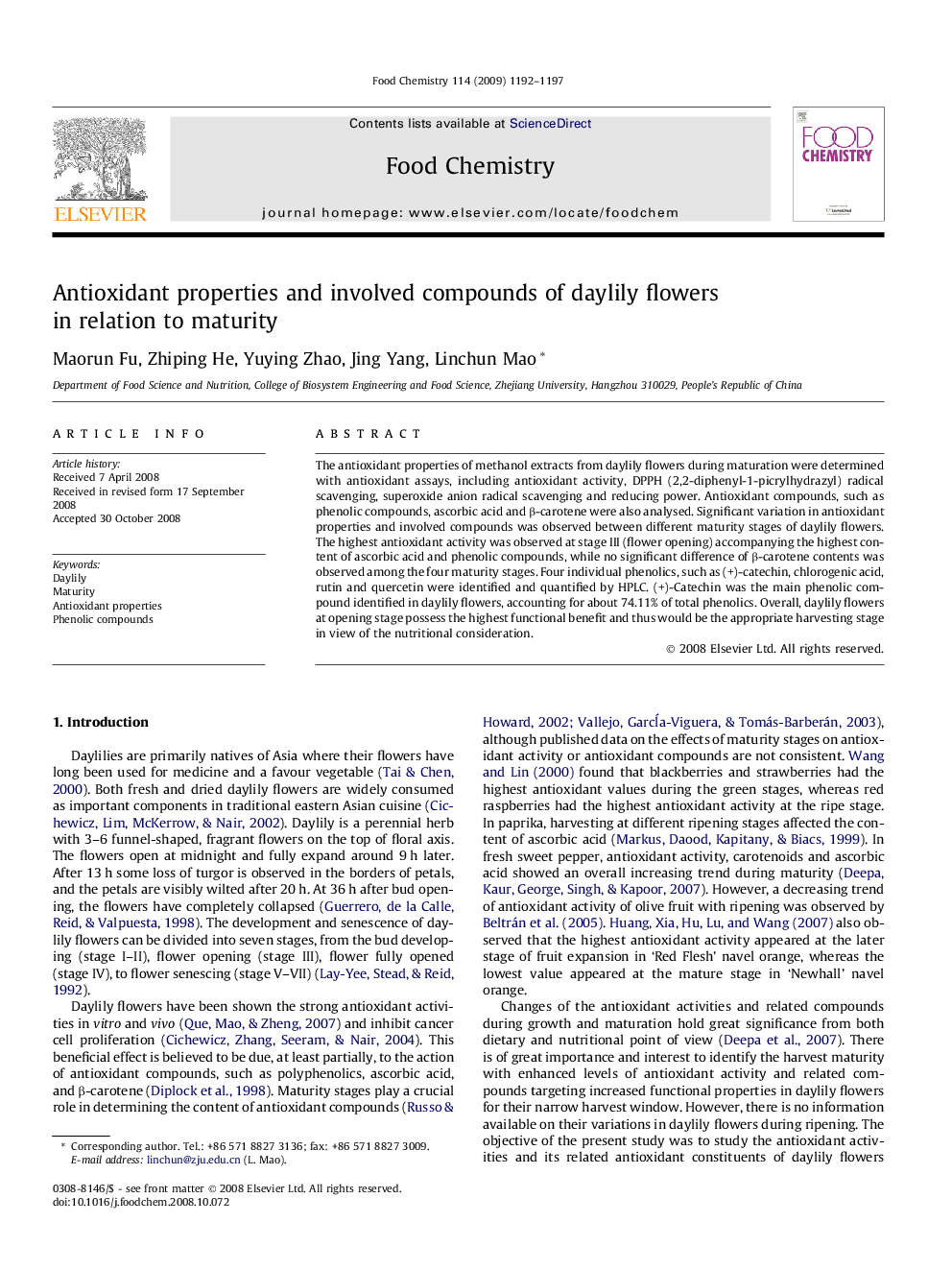 Antioxidant properties and involved compounds of daylily flowers in relation to maturity