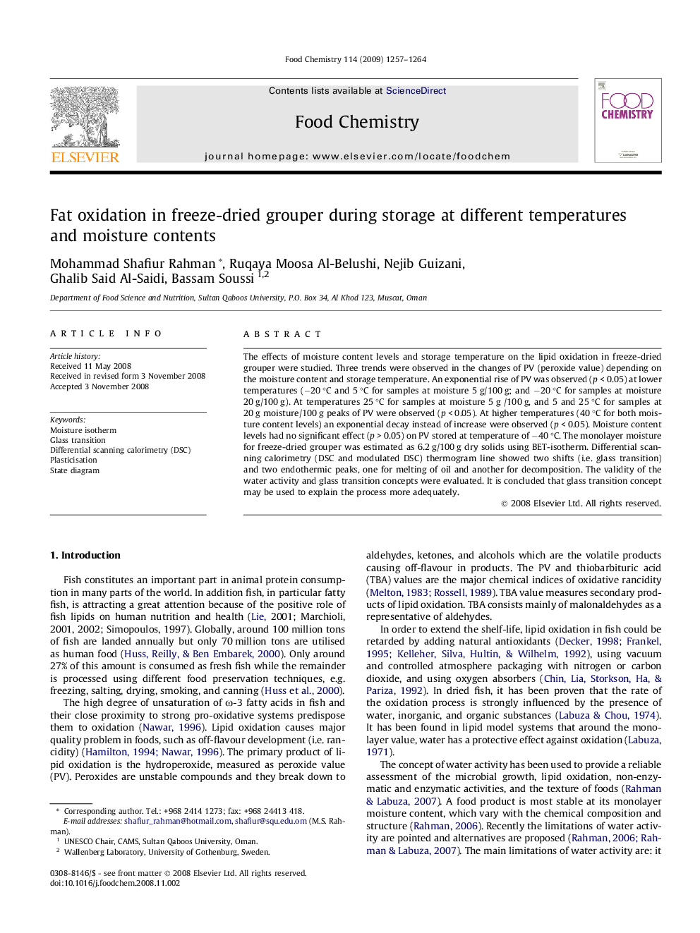 عکس صفحه اول مقاله: Fat oxidation in freeze-dried grouper during storage at different temperatures and moisture contents Fat oxidation in freeze-dried grouper during storage at different temperatures and moisture contents