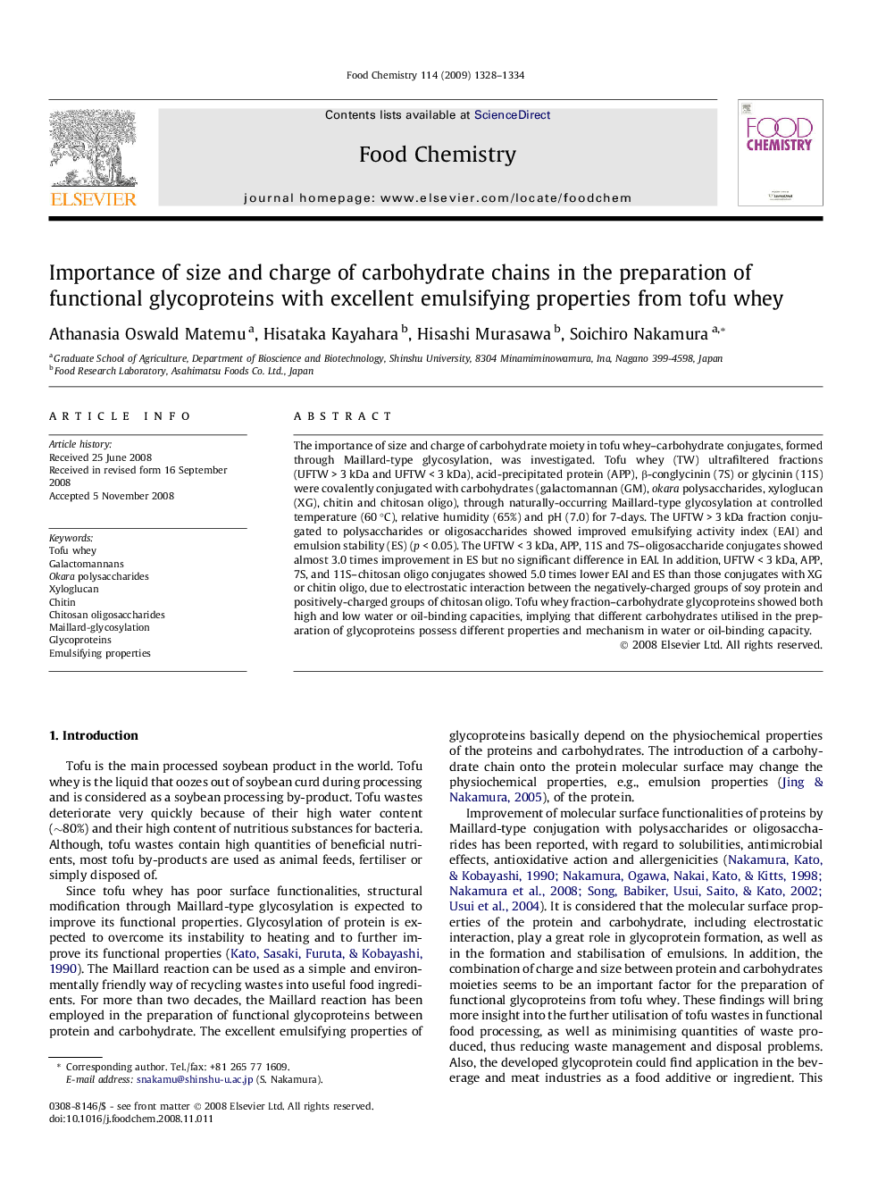 Importance of size and charge of carbohydrate chains in the preparation of functional glycoproteins with excellent emulsifying properties from tofu whey