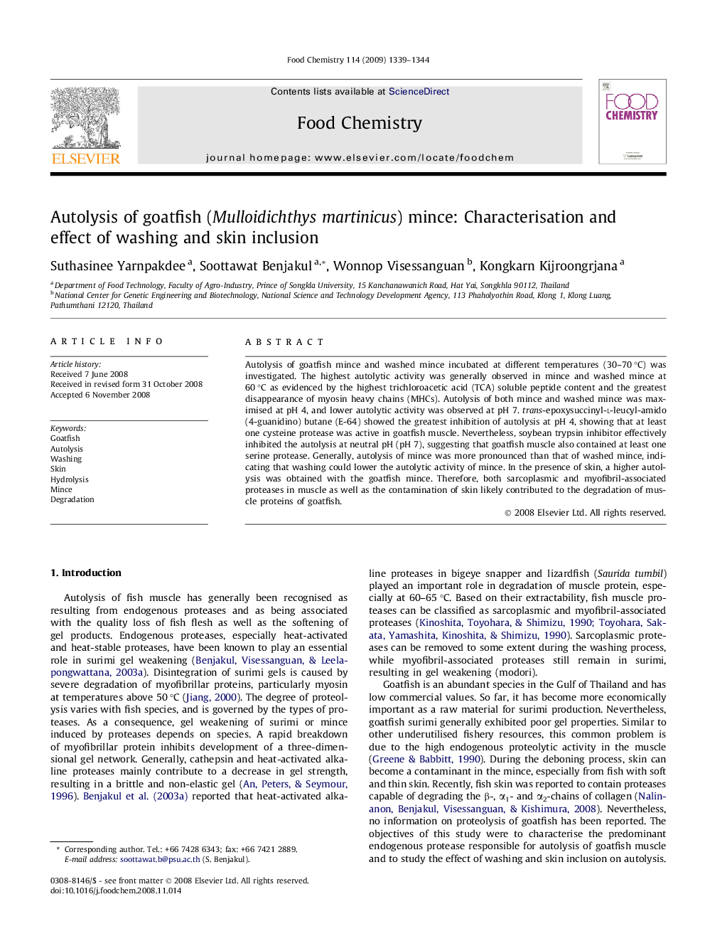 Autolysis of goatfish (Mulloidichthysmartinicus) mince: Characterisation and effect of washing and skin inclusion