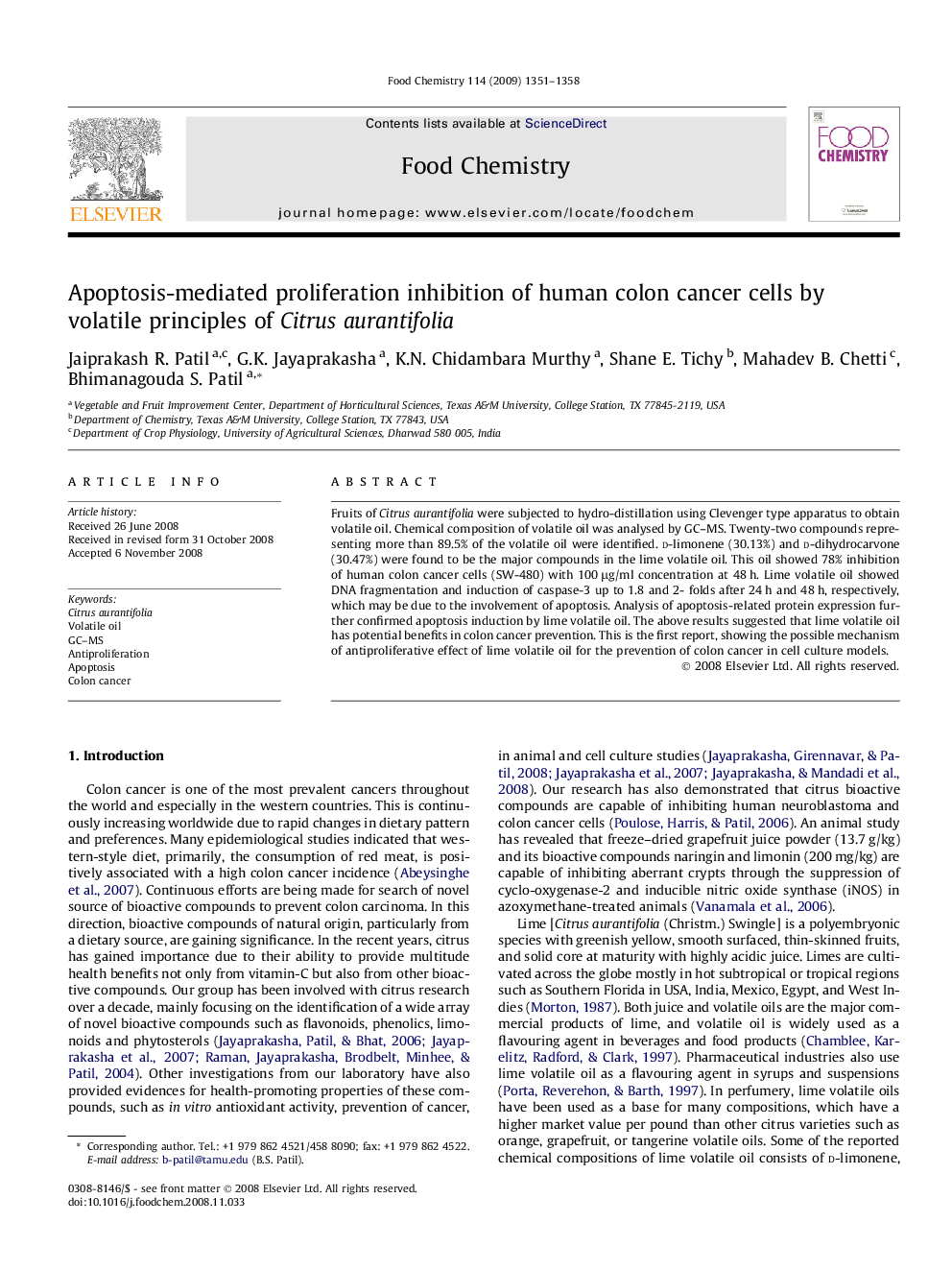 Apoptosis-mediated proliferation inhibition of human colon cancer cells by volatile principles of Citrus aurantifolia