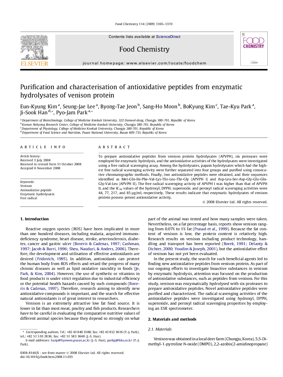 Purification and characterisation of antioxidative peptides from enzymatic hydrolysates of venison protein