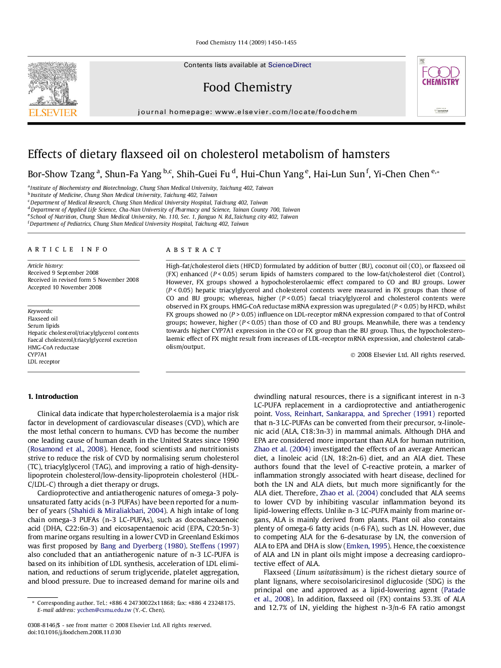 عکس صفحه اول مقاله: Effects of dietary flaxseed oil on cholesterol metabolism of hamsters Effects of dietary flaxseed oil on cholesterol metabolism of hamsters