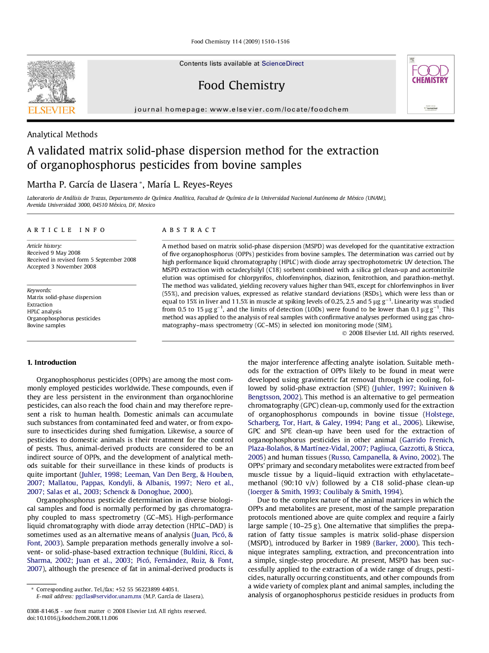 A validated matrix solid-phase dispersion method for the extraction of organophosphorus pesticides from bovine samples