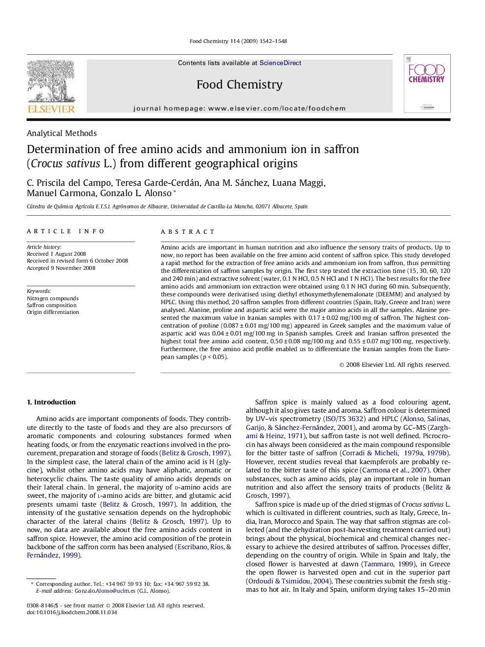 Determination of free amino acids and ammonium ion in saffron (Crocus sativus L.) from different geographical origins