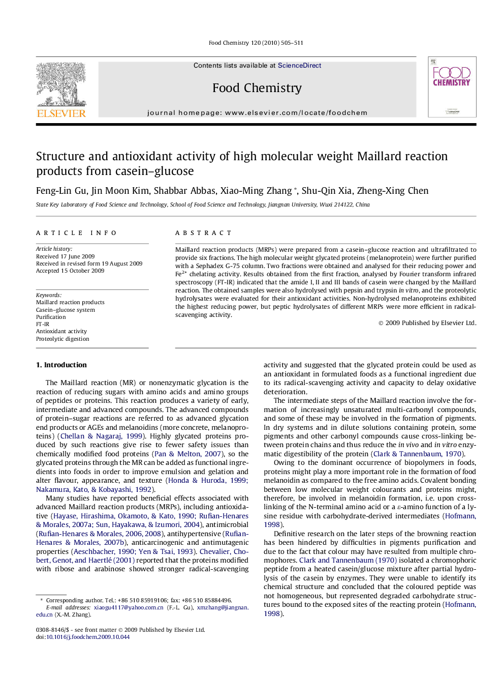 Structure and antioxidant activity of high molecular weight Maillard reaction products from casein–glucose