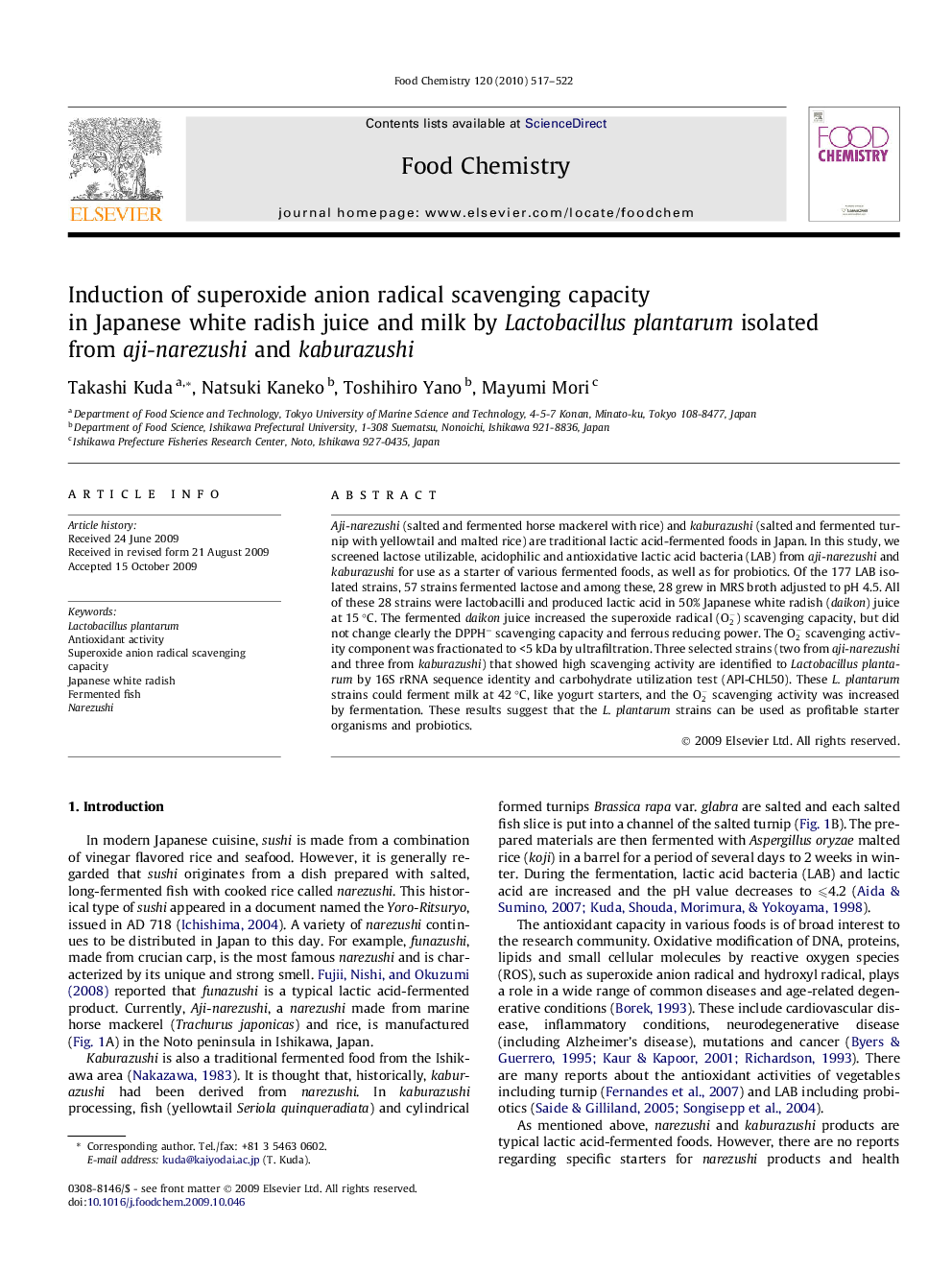 Induction of superoxide anion radical scavenging capacity in Japanese white radish juice and milk by Lactobacillus plantarum isolated from aji-narezushi and kaburazushi