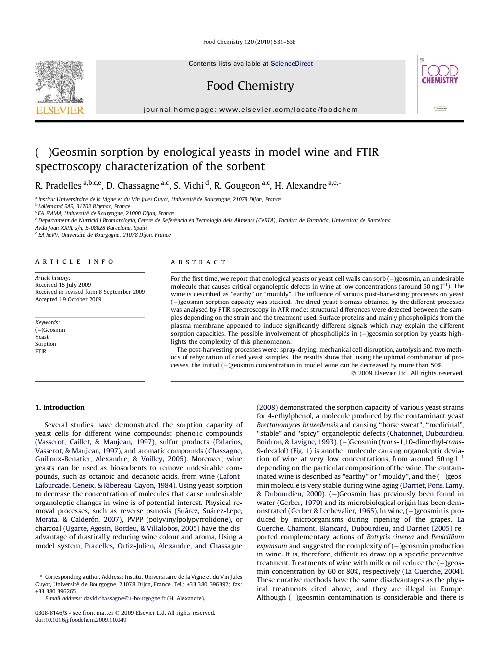 عکس صفحه اول مقاله: (−)Geosmin sorption by enological yeasts in model wine and FTIR spectroscopy characterization of the sorbent (−)Geosmin sorption by enological yeasts in model wine and FTIR spectroscopy characterization of the sorbent