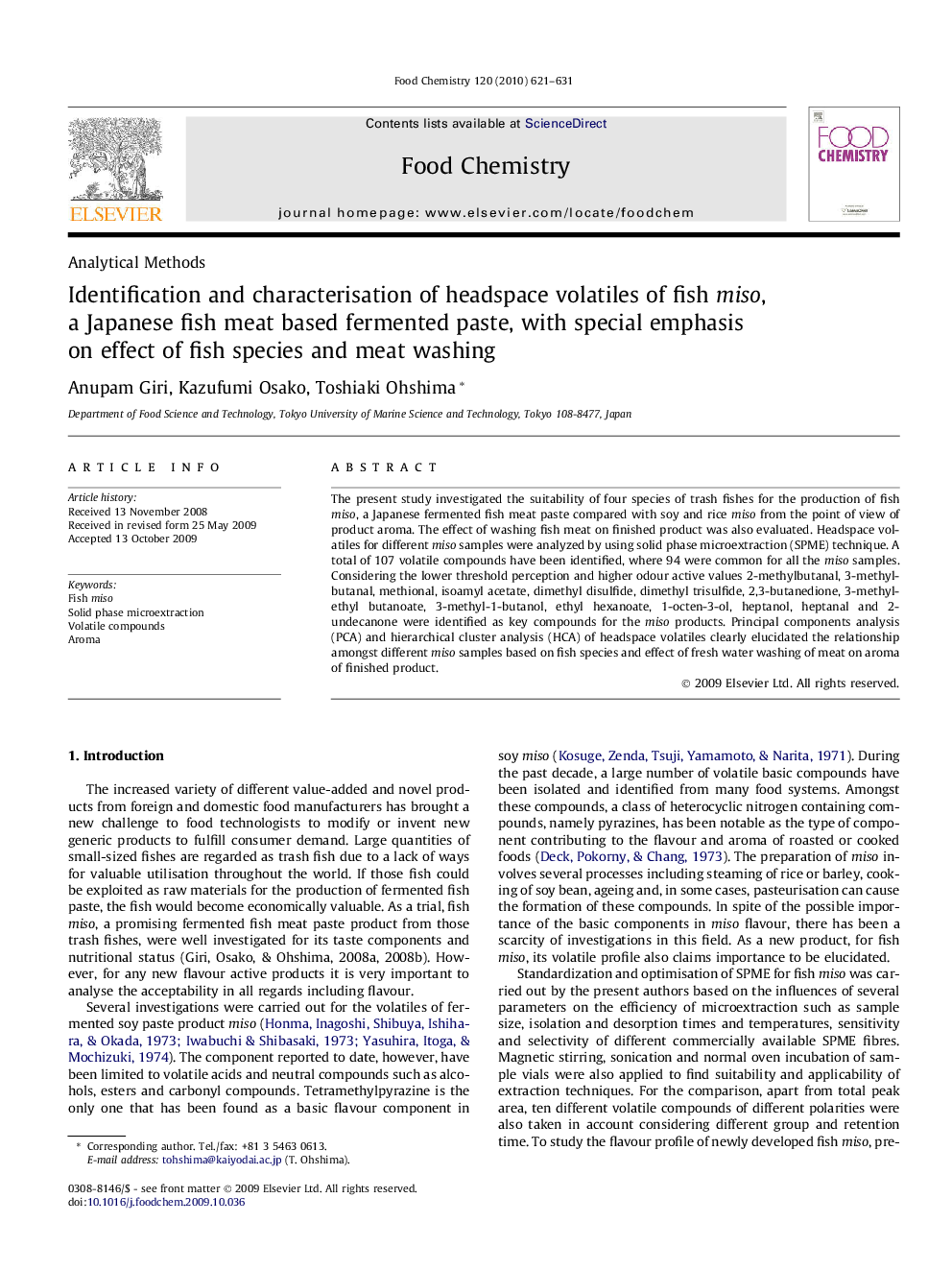 Identification and characterisation of headspace volatiles of fish miso, a Japanese fish meat based fermented paste, with special emphasis on effect of fish species and meat washing