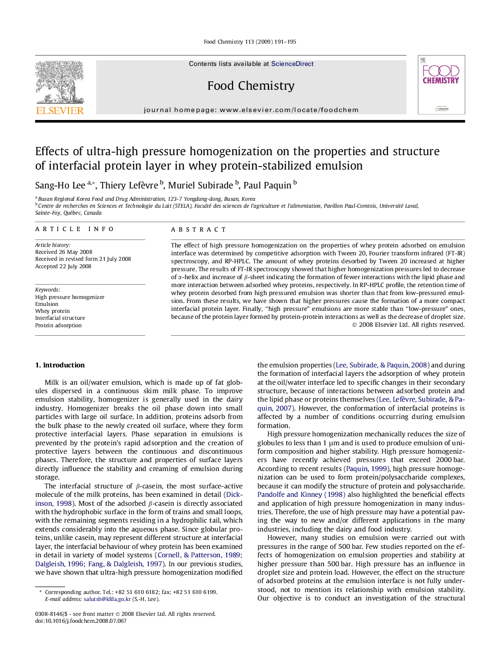 Effects of ultra-high pressure homogenization on the properties and structure of interfacial protein layer in whey protein-stabilized emulsion