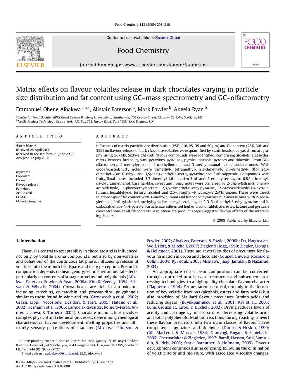 Matrix effects on flavour volatiles release in dark chocolates varying in particle size distribution and fat content using GC–mass spectrometry and GC–olfactometry