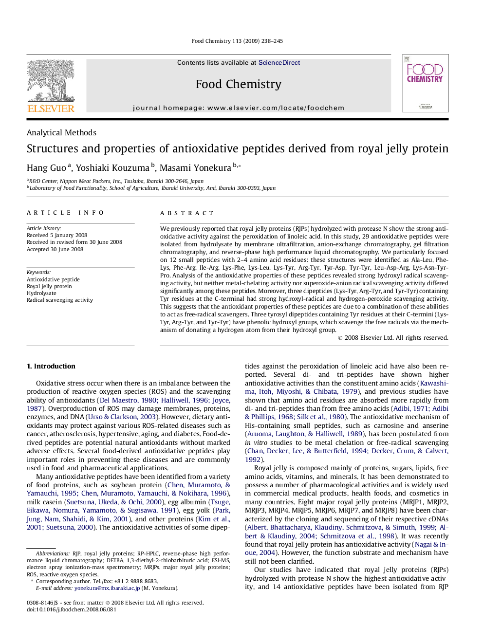 Structures and properties of antioxidative peptides derived from royal jelly protein