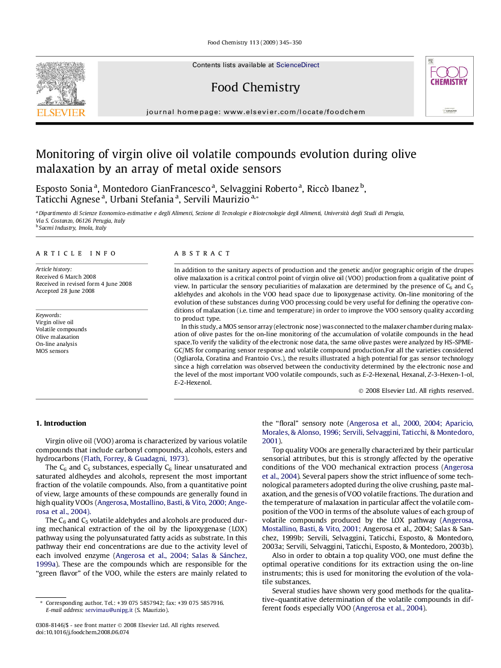 عکس صفحه اول مقاله: Monitoring of virgin olive oil volatile compounds evolution during olive malaxation by an array of metal oxide sensors Monitoring of virgin olive oil volatile compounds evolution during olive malaxation by an array of metal oxide sensors