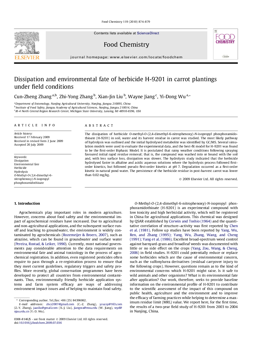 Dissipation and environmental fate of herbicide H-9201 in carrot plantings under field conditions