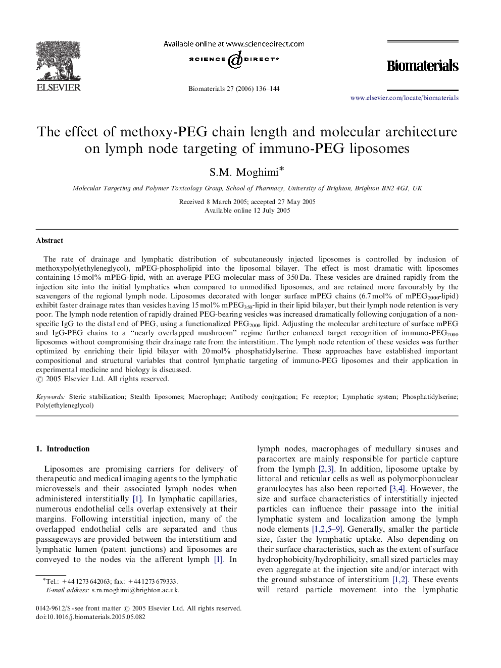 The effect of methoxy-PEG chain length and molecular architecture on lymph node targeting of immuno-PEG liposomes