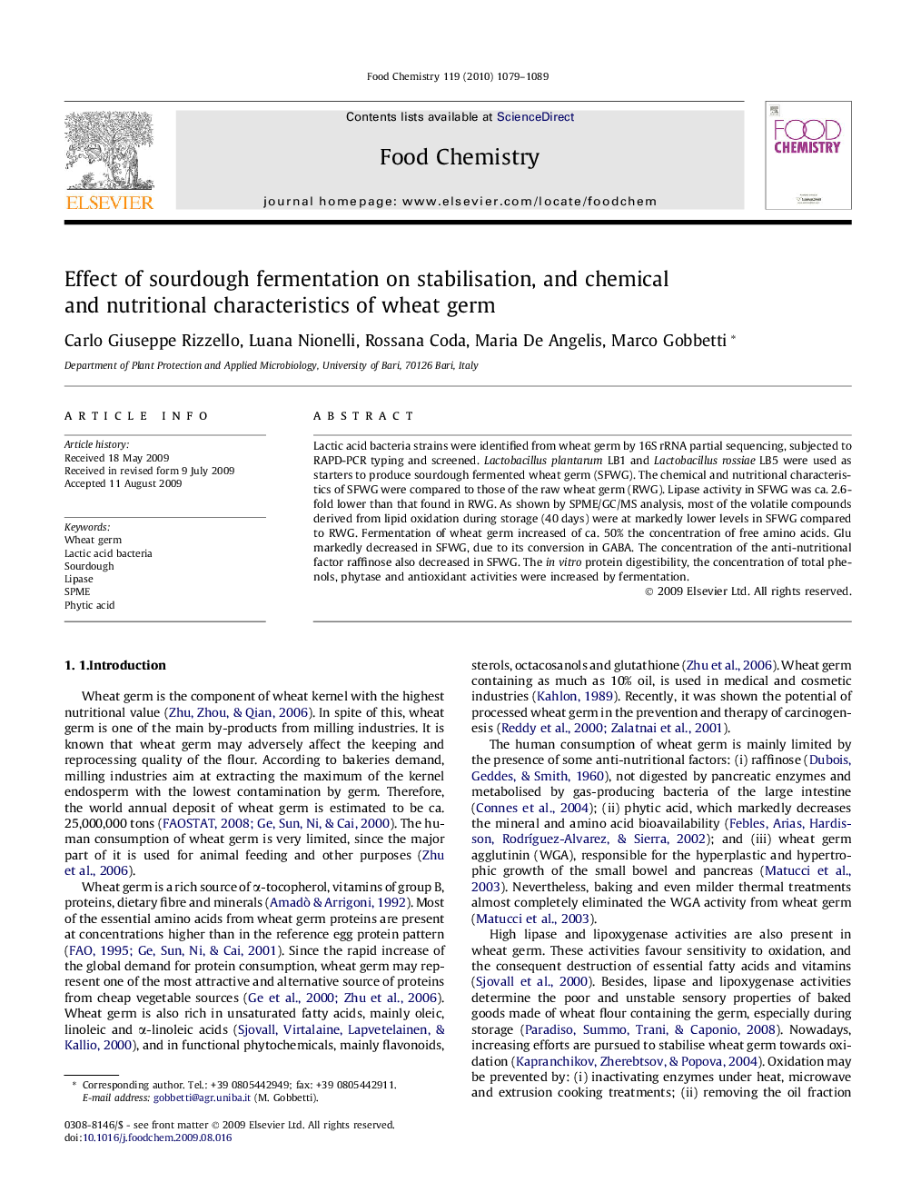 Effect of sourdough fermentation on stabilisation, and chemical and nutritional characteristics of wheat germ