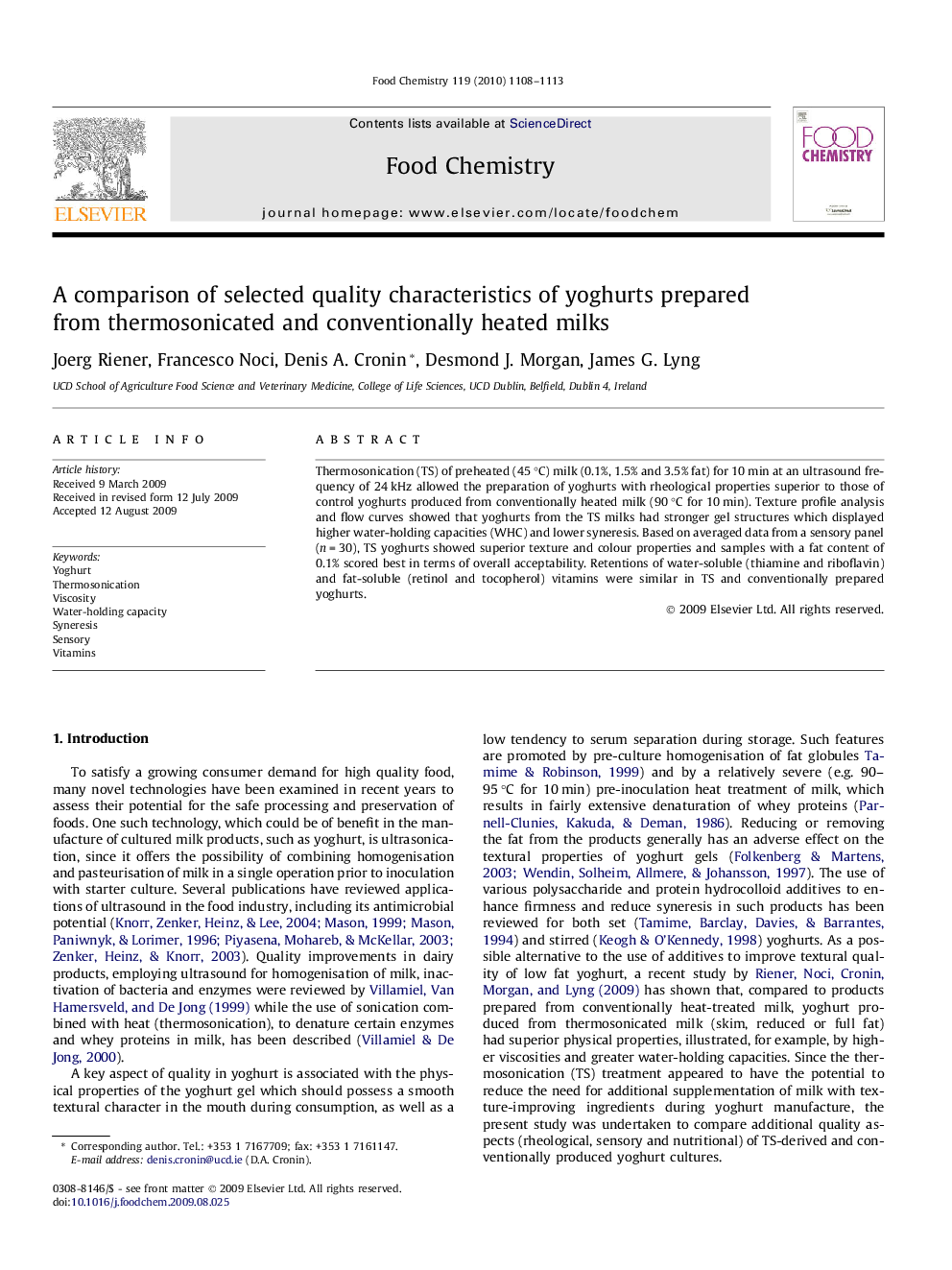 A comparison of selected quality characteristics of yoghurts prepared from thermosonicated and conventionally heated milks