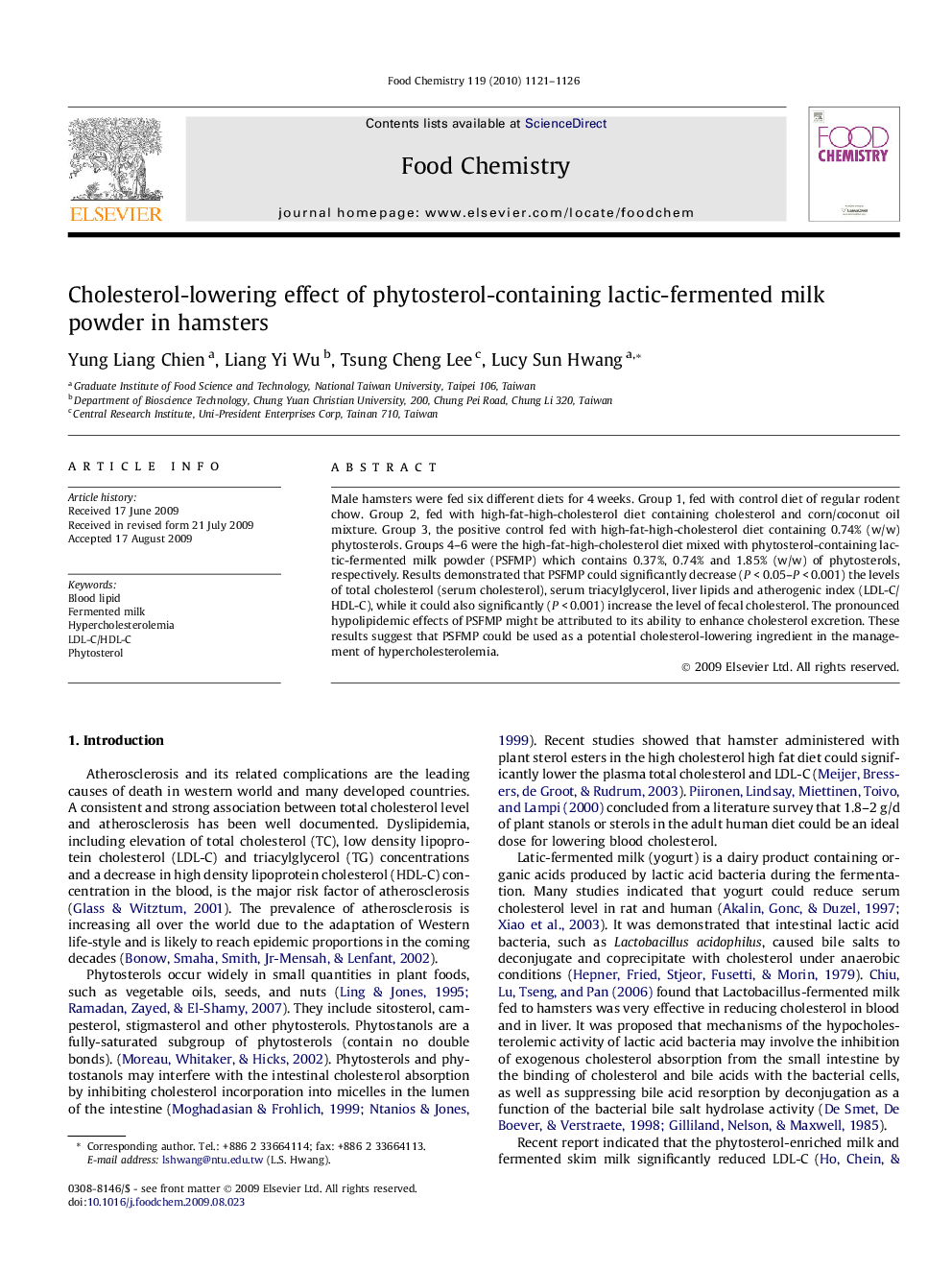 Cholesterol-lowering effect of phytosterol-containing lactic-fermented milk powder in hamsters