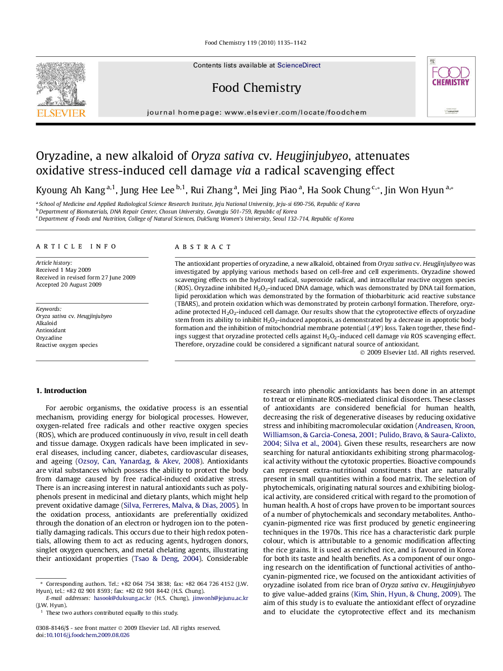 Oryzadine, a new alkaloid of Oryza sativa cv. Heugjinjubyeo, attenuates oxidative stress-induced cell damage via a radical scavenging effect