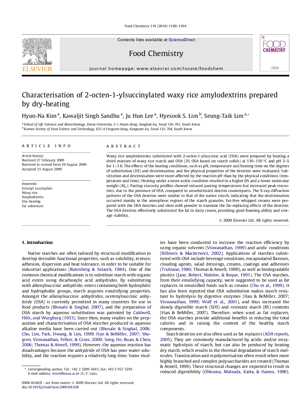 Characterisation of 2-octen-1-ylsuccinylated waxy rice amylodextrins prepared by dry-heating