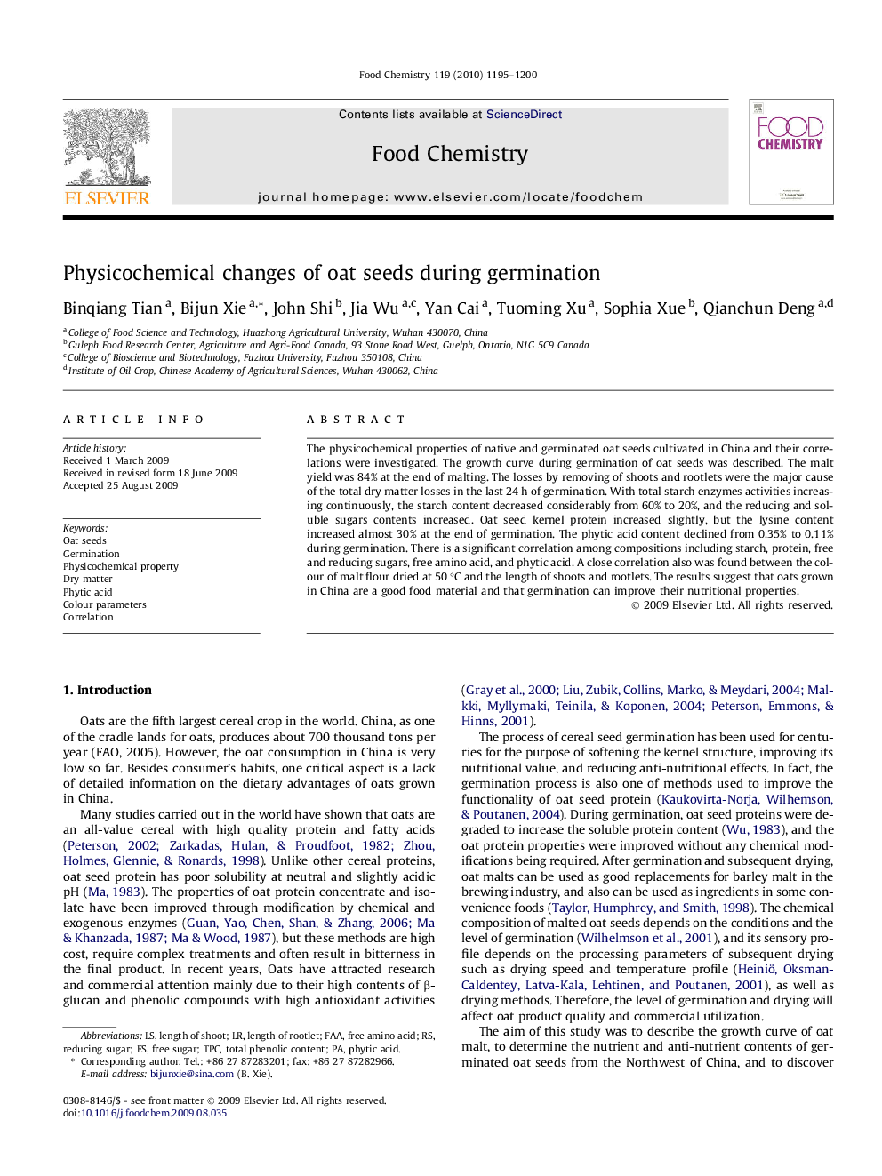 Physicochemical changes of oat seeds during germination