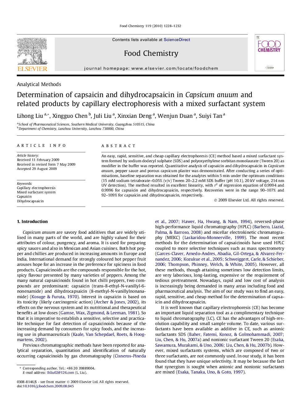 Determination of capsaicin and dihydrocapsaicin in Capsicum anuum and related products by capillary electrophoresis with a mixed surfactant system