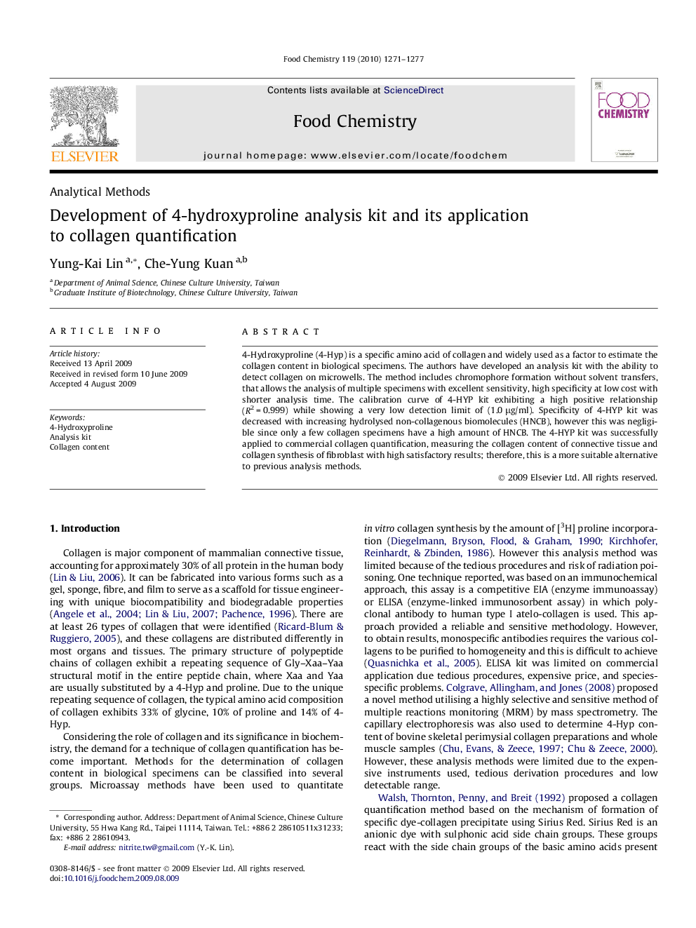 Development of 4-hydroxyproline analysis kit and its application to collagen quantification