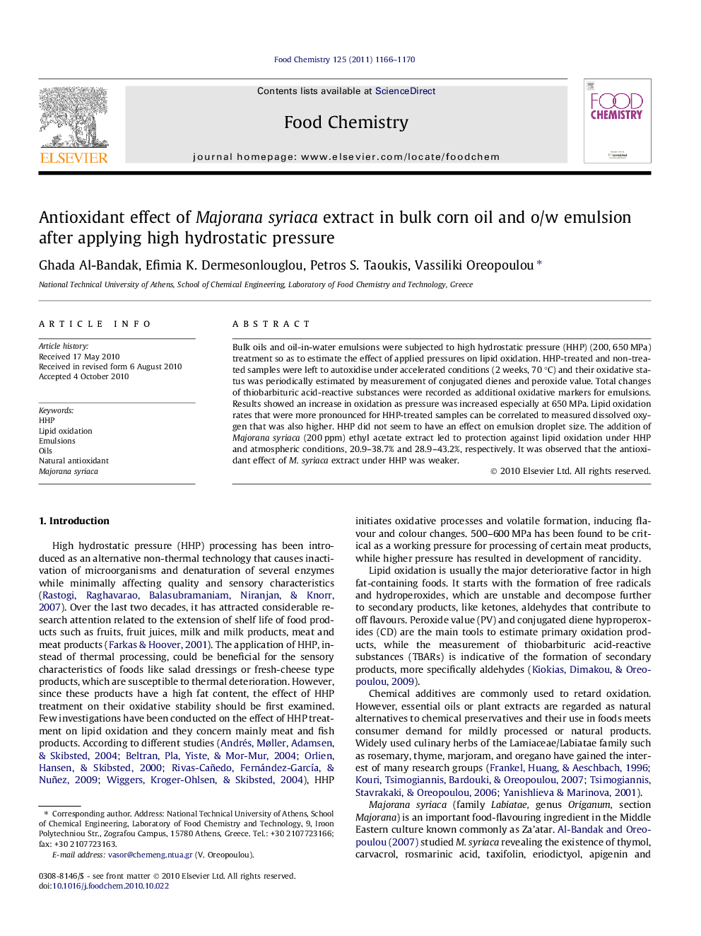 Antioxidant effect of Majorana syriaca extract in bulk corn oil and o/w emulsion after applying high hydrostatic pressure