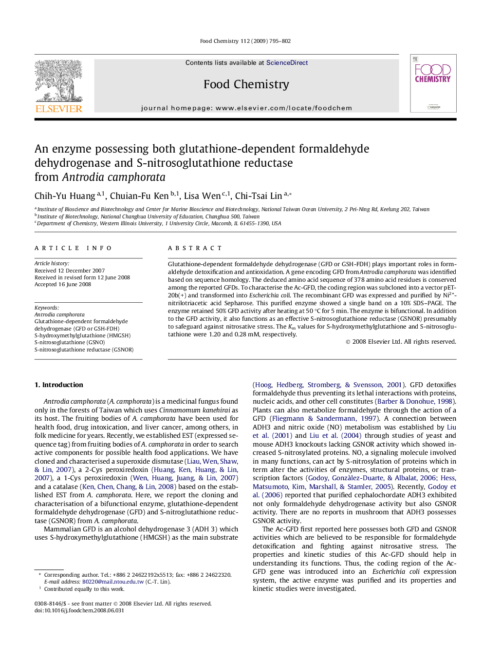 An enzyme possessing both glutathione-dependent formaldehyde dehydrogenase and S-nitrosoglutathione reductase from Antrodia camphorata