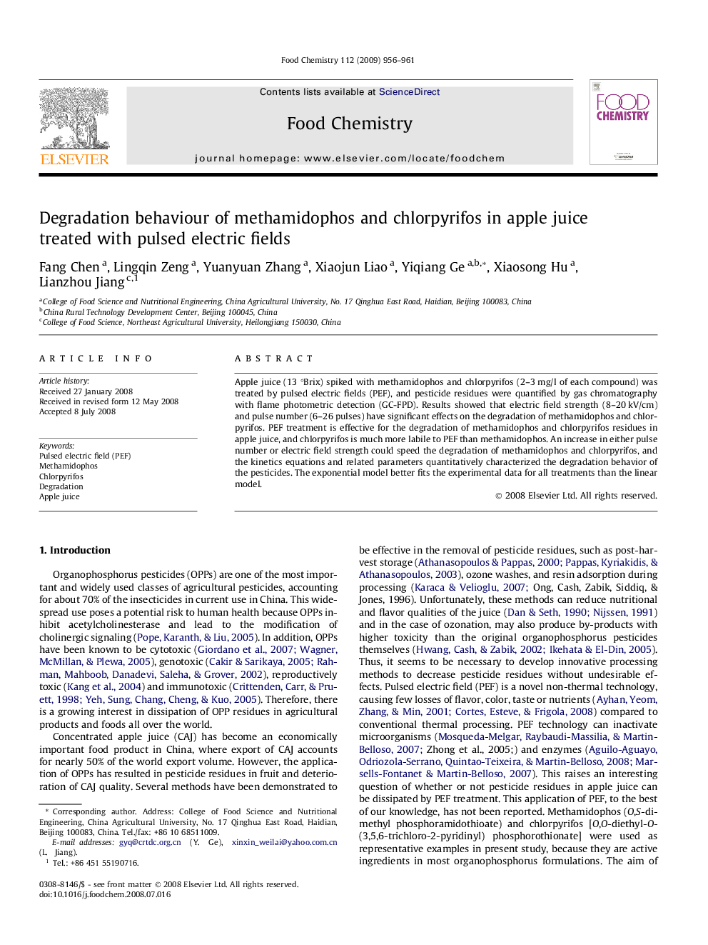 Degradation behaviour of methamidophos and chlorpyrifos in apple juice treated with pulsed electric fields