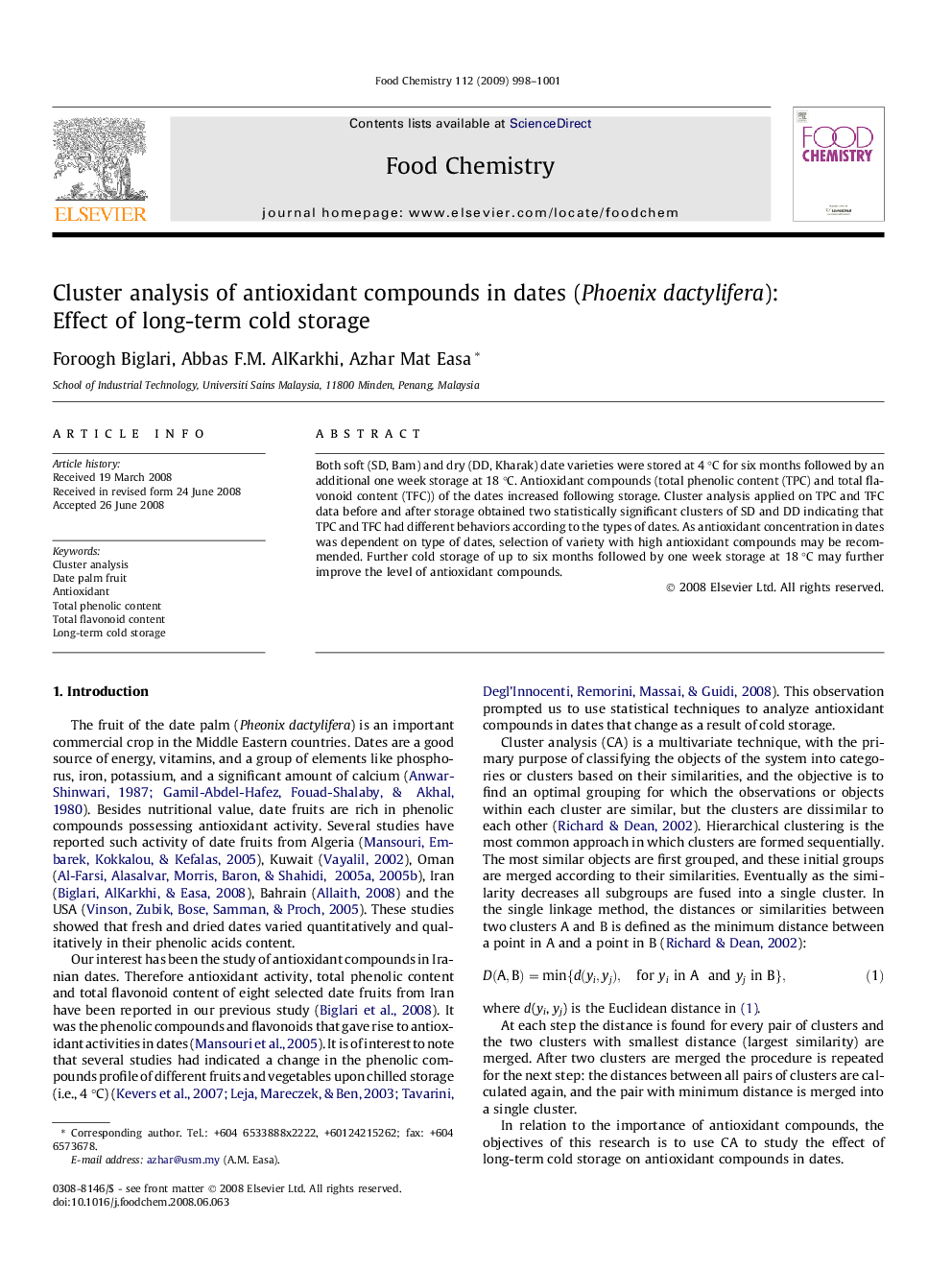 Cluster analysis of antioxidant compounds in dates (Phoenix dactylifera): Effect of long-term cold storage