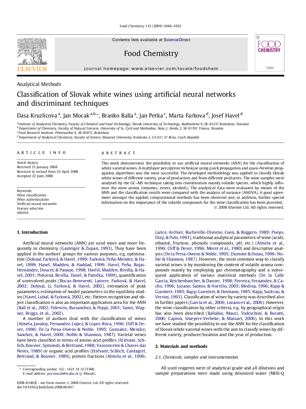 Classification of Slovak white wines using artificial neural networks and discriminant techniques